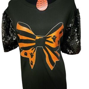 Black Top with Orange Bow and Sequin Sleeves